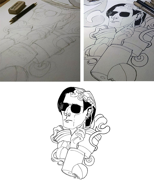 A thoughtful look into the creative process behind the makings of a custom tattoo sleeve design illustration by Rebecca Miller featuring Doc Hammer of the Venture Bros.
